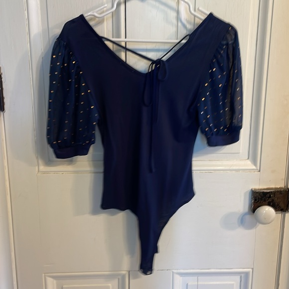 Navy blue top with gold detail puffy sleeves only worn once! - Picture 2 of 2